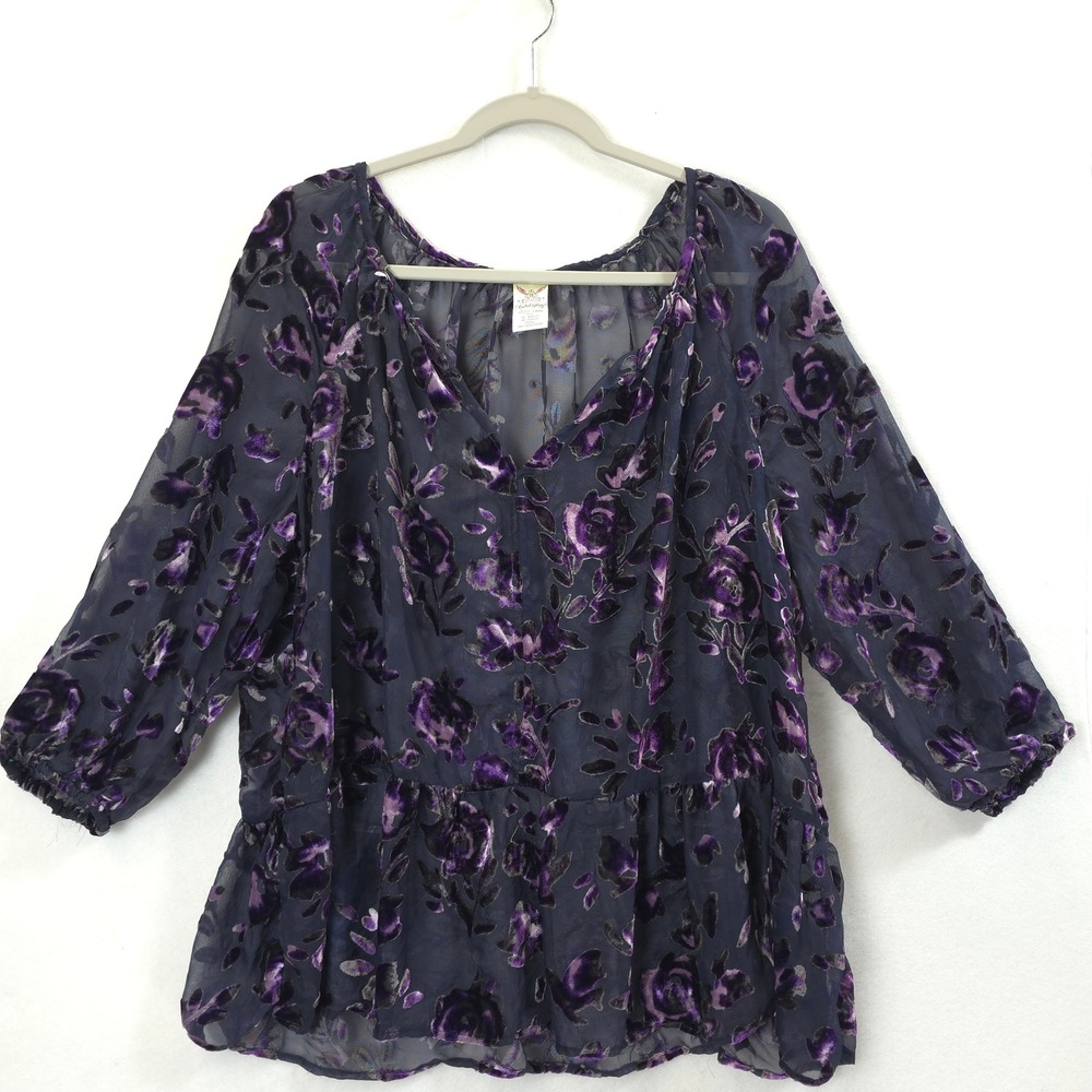 Faded Glory Blouse Velvet Burnout Floral Navy Purple Women XXL 20 Whimsigoth